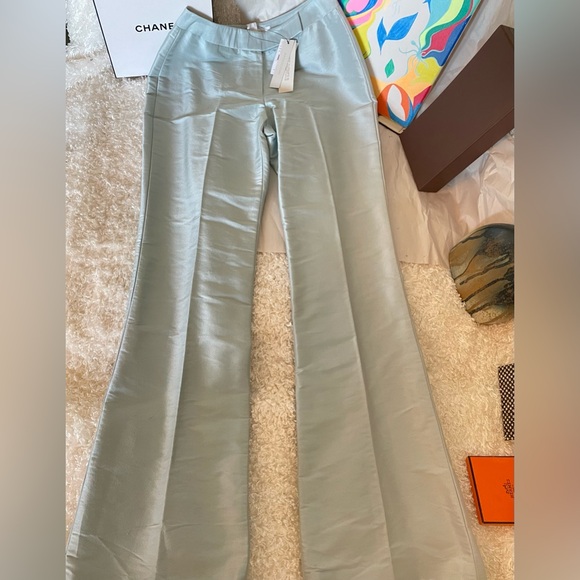 NWT Magaschoni 100% Dupioni Silk straight w little Flare Pants Light Blue Size 2 - Picture 3 of 14
